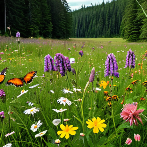 Home 15 **Image Prompt:** A vibrant meadow scene. Butterflies, bees, and other insects are actively pollinating colorful wildflowers. In the background, a dark forest edge is visible, representing habitat loss and fragmentation. A clear contrast highlights the importance of natural habitats for insect survival.