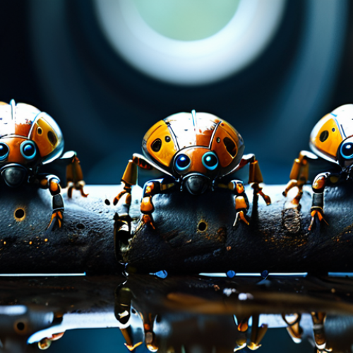 Home 7 **
"A group of miniature robots resembling beetles, crawling through a damaged, rusty water pipe, fully clothed, appropriate content, safe for work, perfect anatomy, correct proportions, natural pose, inspecting for leaks, dimly lit, industrial setting, high detail, professional, modest, family-friendly."
**