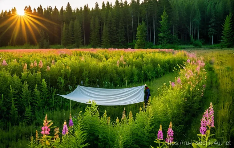 곤충 채집 시기별 특성 - **Spring Awakening: A Gentle Discovery**
    A lone entomologist, dressed in practical, layered outd...