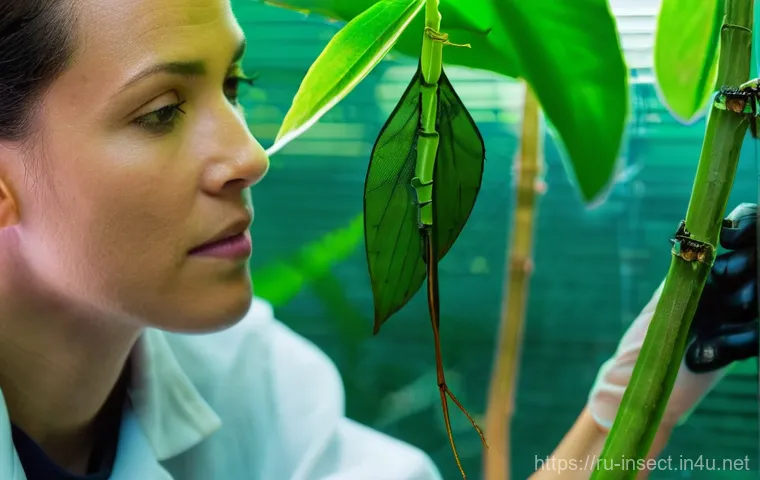 곤충 번식 실패 원인 - **Prompt:** A focused close-up shot of an experienced entomologist or insect breeder, in a clean, br...