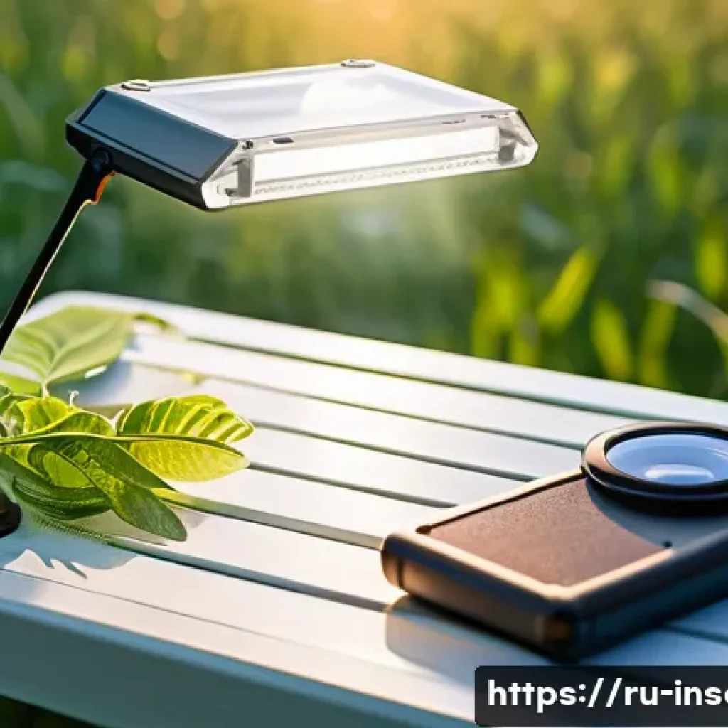곤충 탐사 장비 추천 - A close-up scene of an entomologist’s field workspace at sunset, featuring a hands-free LED head mag...