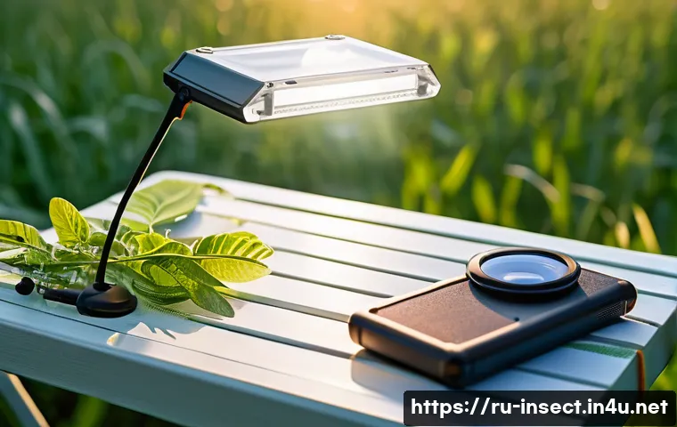 곤충 탐사 장비 추천 - A close-up scene of an entomologist’s field workspace at sunset, featuring a hands-free LED head mag...