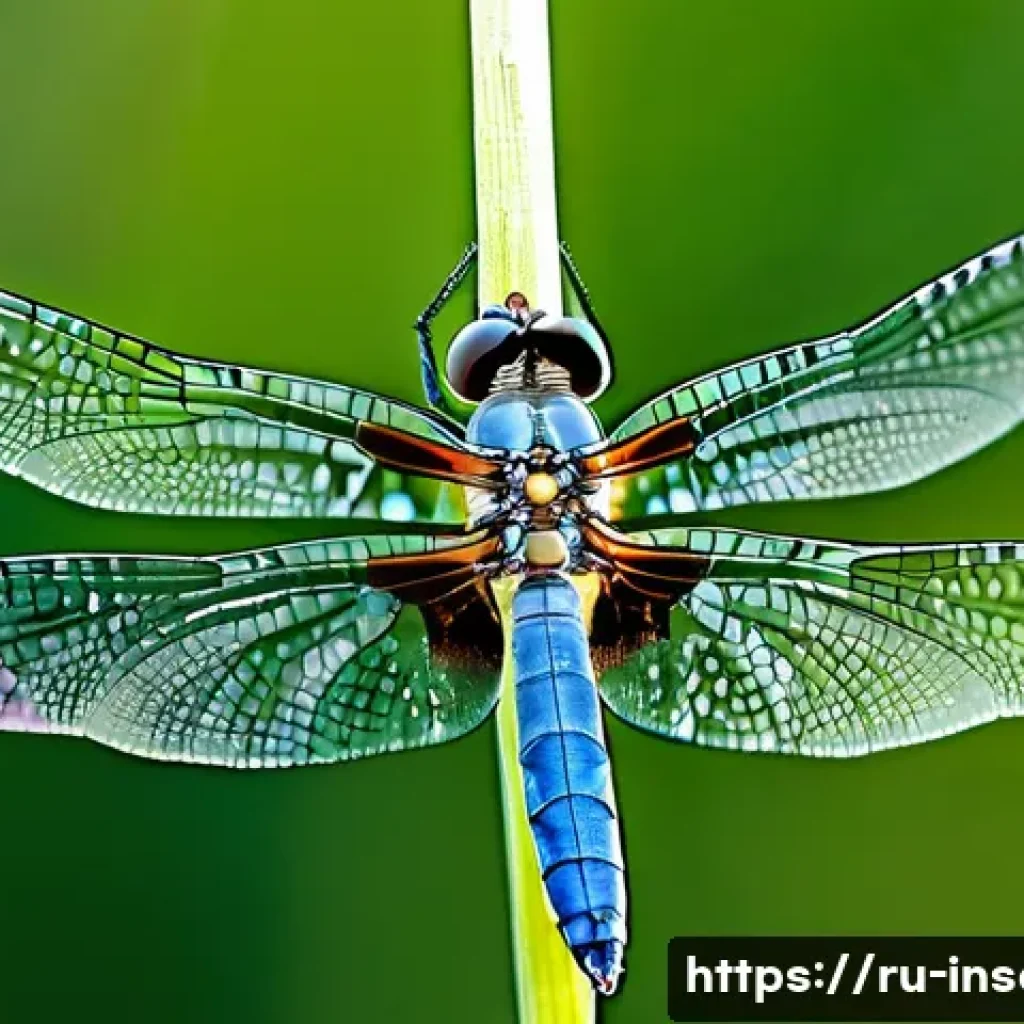 곤충의 비행 메커니즘 - A highly detailed macro shot of a dragonfly in mid-flight, showcasing its delicate, translucent wing...