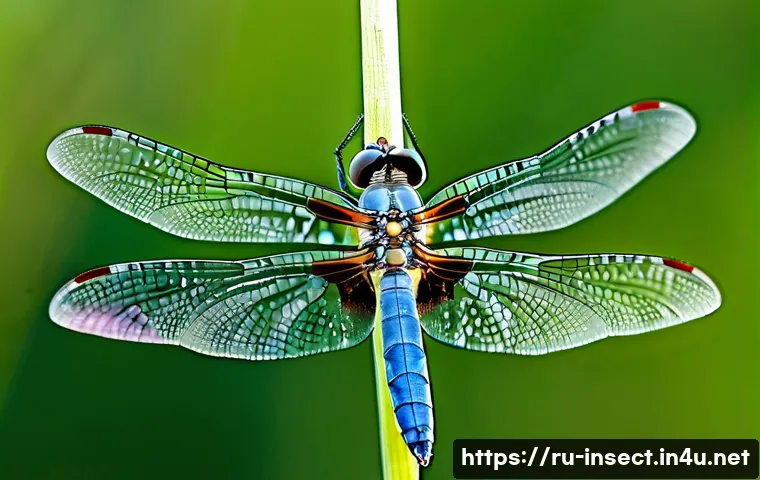 곤충의 비행 메커니즘 - A highly detailed macro shot of a dragonfly in mid-flight, showcasing its delicate, translucent wing...
