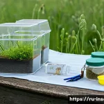 곤충 채집 시 주의사항 - A detailed, realistic outdoor scene of an entomologist&rsquo;s field setup in a lush Russian meadow during...