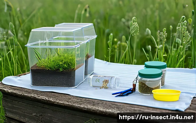 곤충 채집 시 주의사항 - A detailed, realistic outdoor scene of an entomologist’s field setup in a lush Russian meadow during...