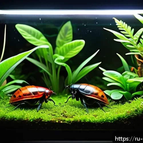 곤충 사육 온습도 관리 - A detailed close-up scene inside a tropical insect terrarium showing vibrant tropical cockroaches cr...