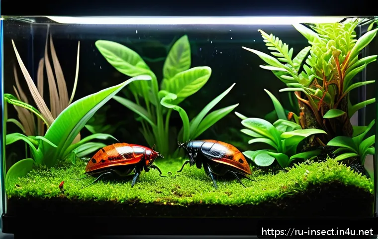 곤충 사육 온습도 관리 - A detailed close-up scene inside a tropical insect terrarium showing vibrant tropical cockroaches cr...