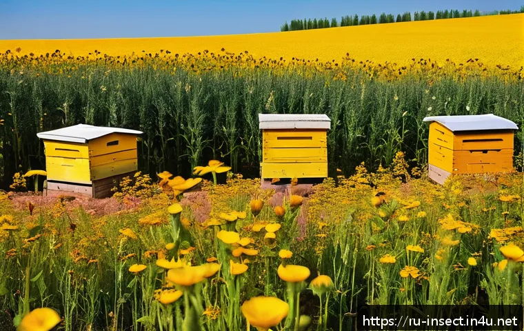 곤충의 화분매개 작용과 농업 - A vibrant agricultural landscape in the Russian countryside during late spring, showcasing a diverse...