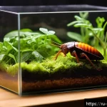 곤충 애완동물화 추세 - A detailed close-up of a Madagascar hissing cockroach inside a spacious glass terrarium with mesh to...