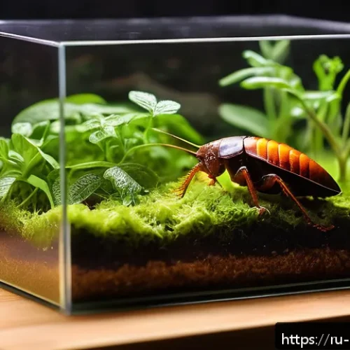 곤충 애완동물화 추세 - A detailed close-up of a Madagascar hissing cockroach inside a spacious glass terrarium with mesh to...