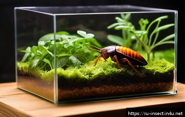 곤충 애완동물화 추세 - A detailed close-up of a Madagascar hissing cockroach inside a spacious glass terrarium with mesh to...