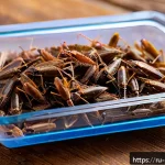 곤충 식용 제품 브랜드 - A close-up, highly detailed image of edible crickets presented in a transparent, sealed package with...