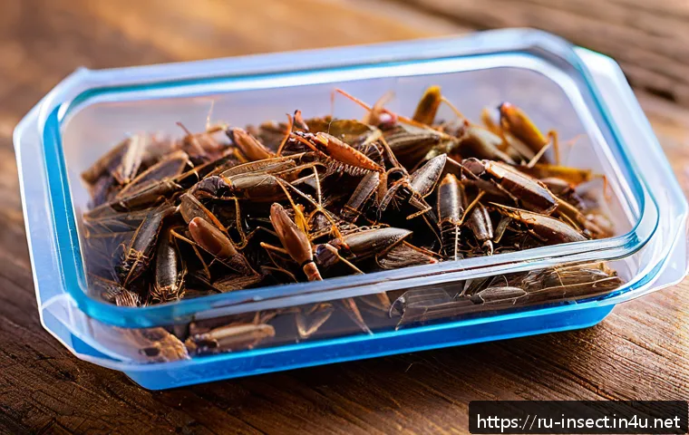 곤충 식용 제품 브랜드 - A close-up, highly detailed image of edible crickets presented in a transparent, sealed package with...