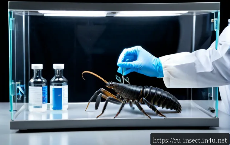 Home 17 곤충 독을 이용한 의학 연구 - Photorealistic biomedical laboratory scene, a researcher in clean protective gloves carefully examin...