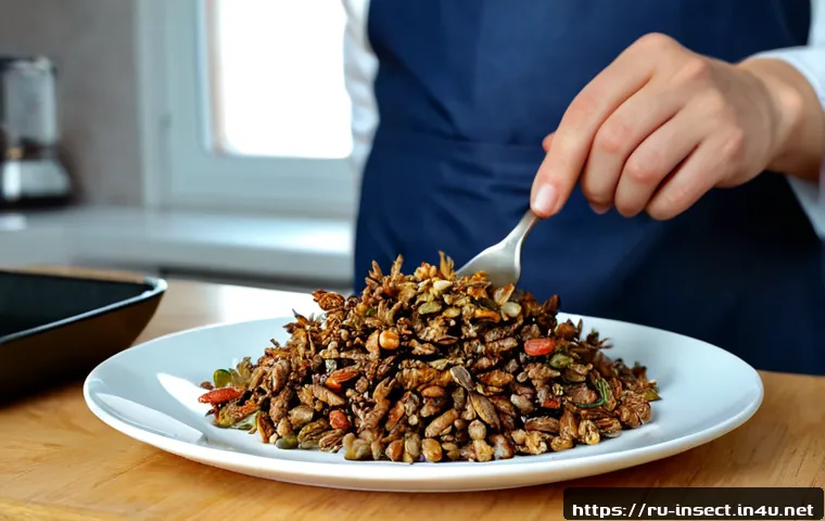 Home 30 곤충을 활용한 요리 - Photorealistic close-up of a modern Russian home kitchen, a chef preparing crispy roasted crickets w...
