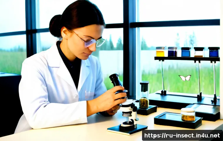 Home 17 곤충 관련 직업 정보 - Photorealistic Russian entomologist in a bright modern university laboratory, carefully examining a ...