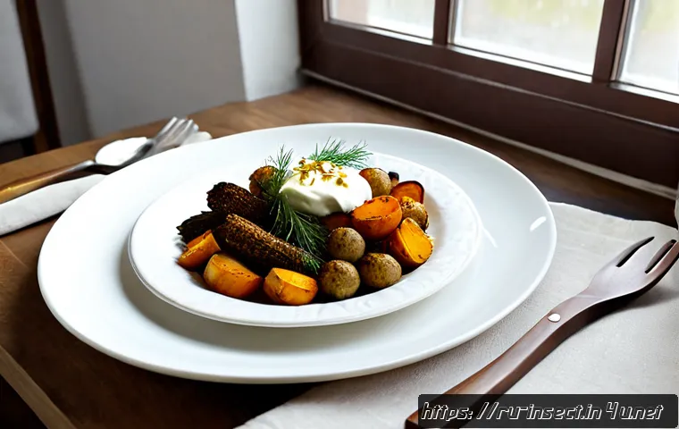 Home 17 곤충을 활용한 요리 레시피 - Photorealistic Russian home kitchen scene, a clean white ceramic plate with golden herb-crusted cric...